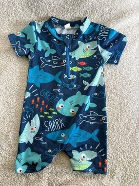 Boys Shark Print One Piece Swimsuit Rash Guard Size 100 Blue Short Sleeve